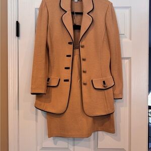 Vintage St. John Camel Blazer and Skirt Set with Navy Trim